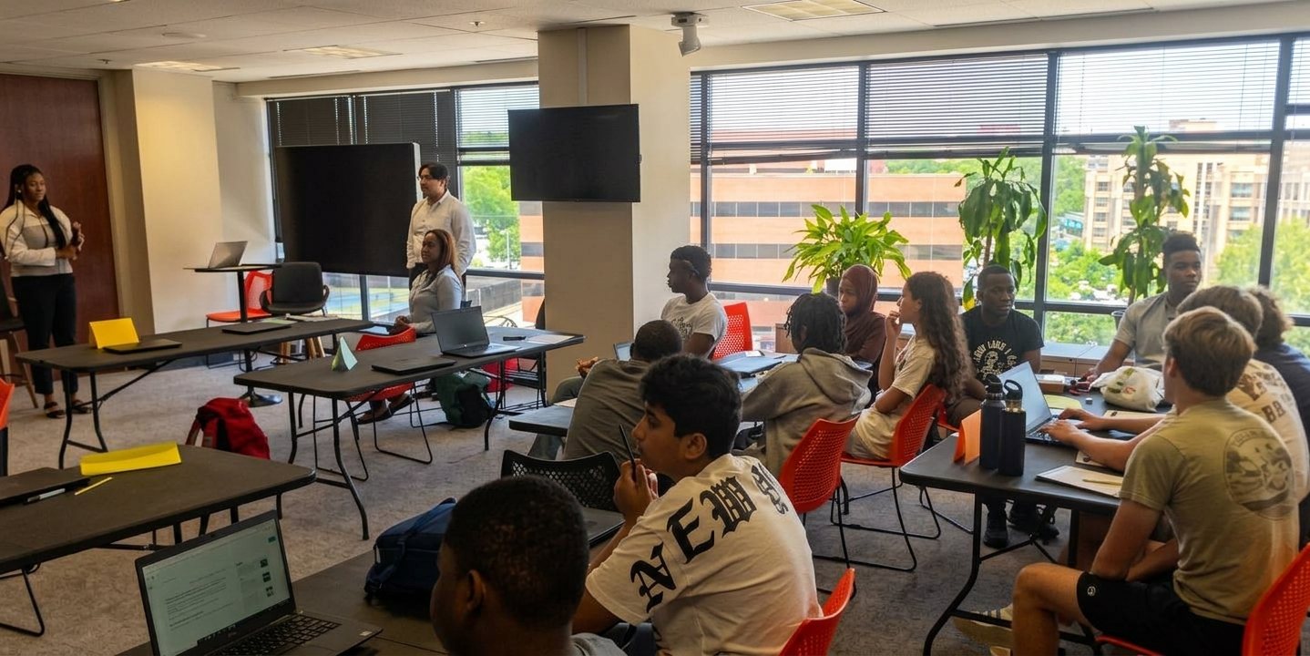 Isabella Getahun presenting the Civics Remix Filters to a group of students seated at tables with laptops.