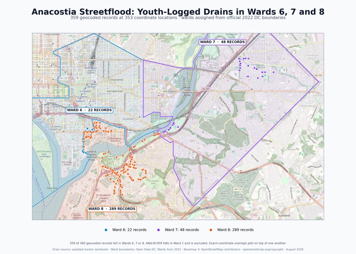 Map of fellow-recorded storm drains across Wards 6, 7, and 8.