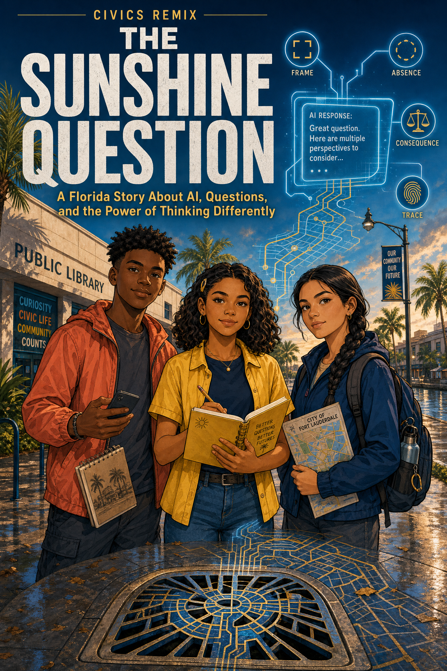 The Sunshine Question cover: three students beside a Florida storm-drain evidence cabinet.