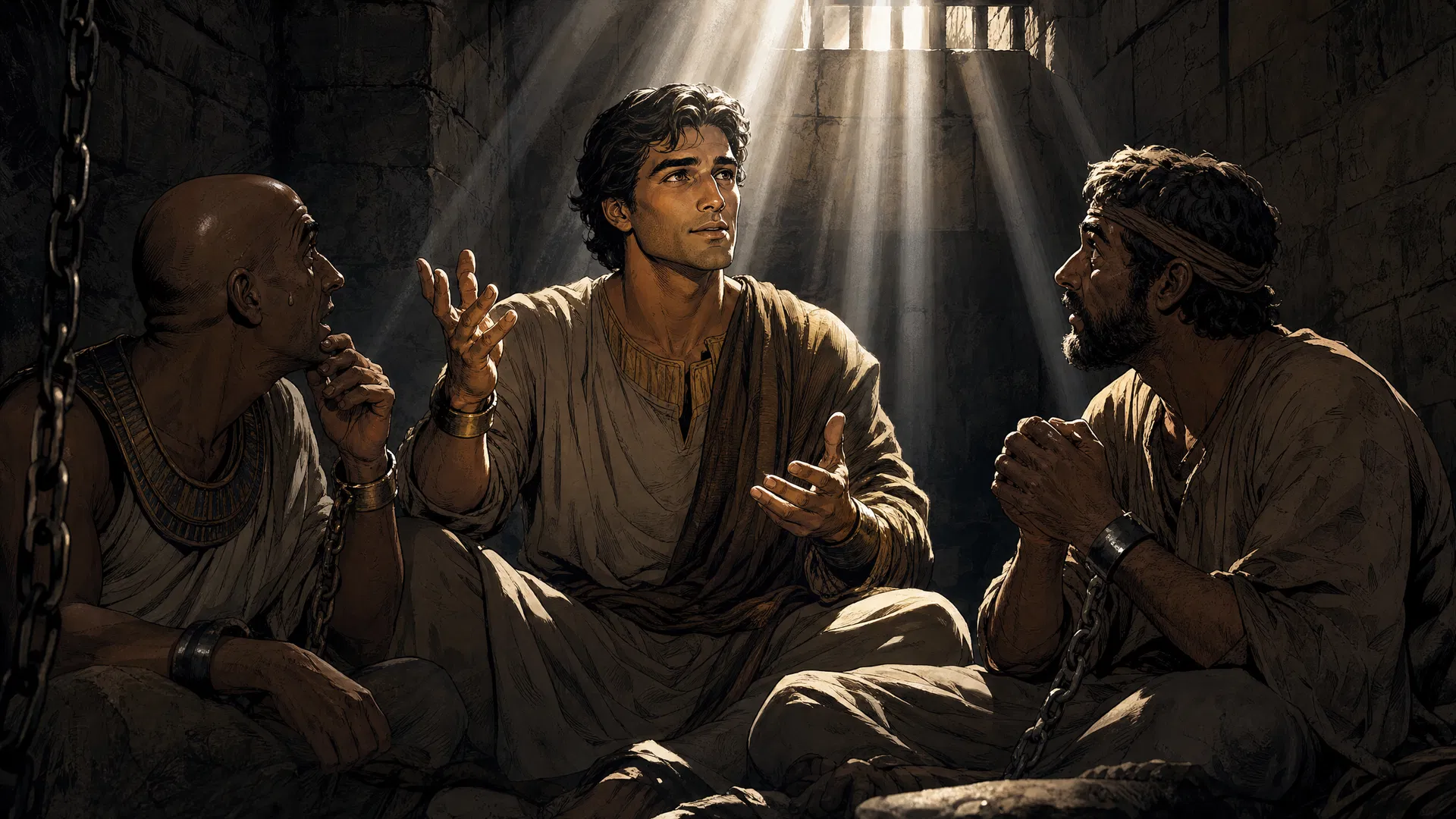 Joseph interpreting dreams for the butler and baker in prison
