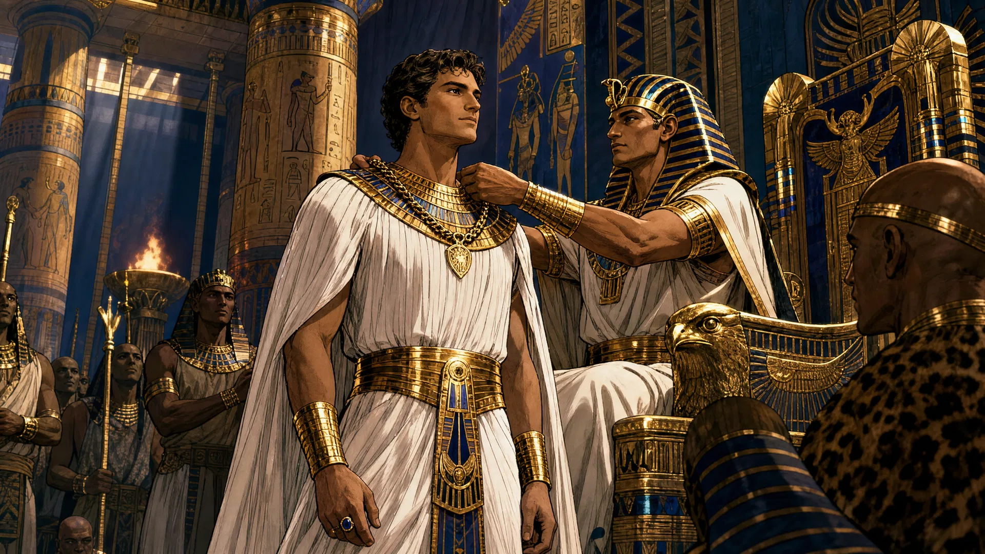 Joseph standing before Pharaoh to interpret his dreams