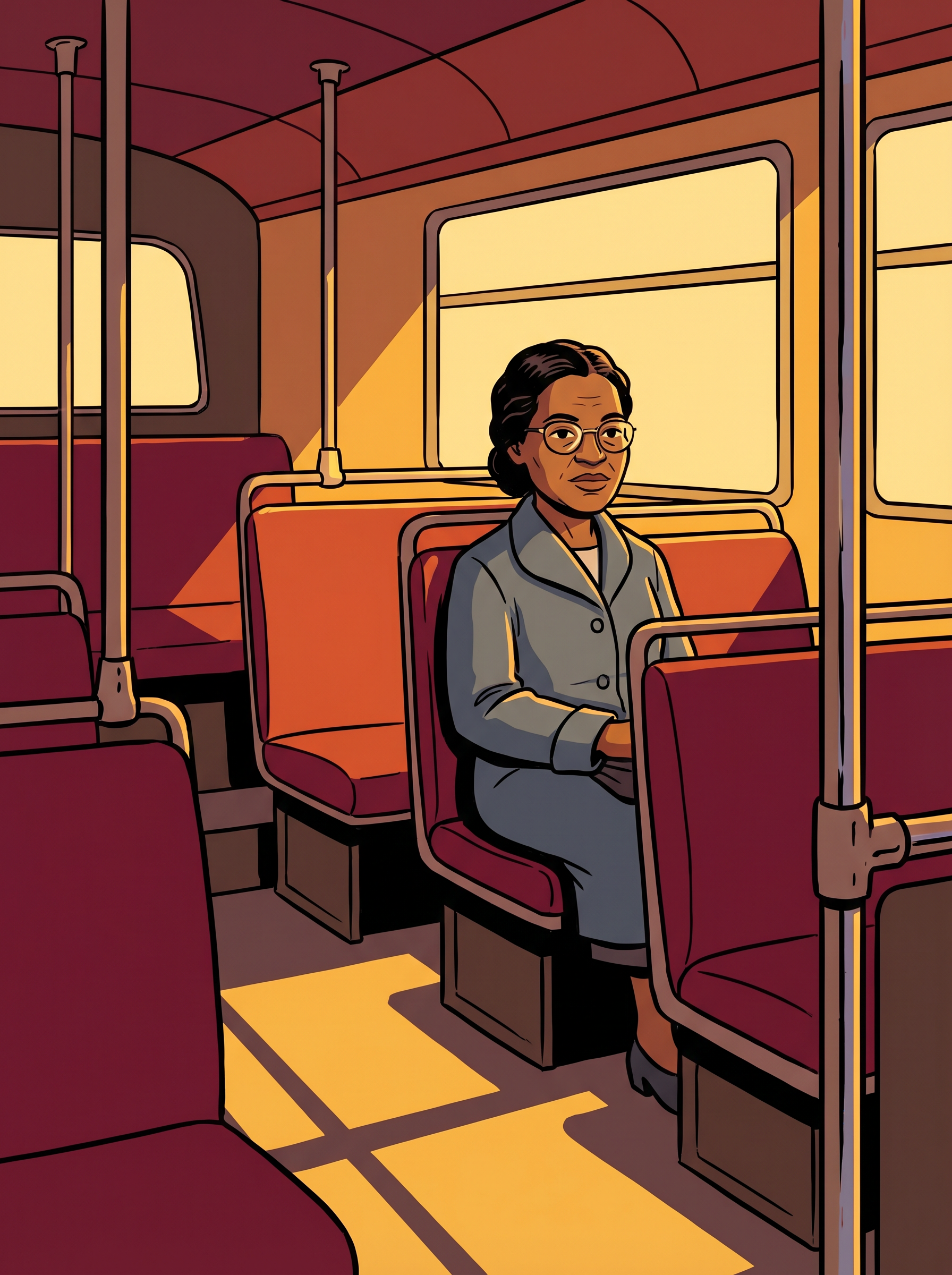 Rosa Parks sitting on a bus — cover illustration